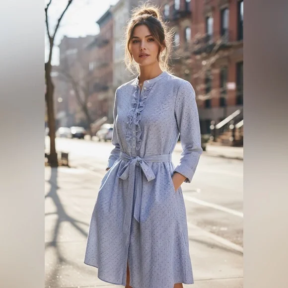 Court & Rowe Ruffle Flocked Dot Pinstripe Long Sleeve 100% Cotton Shirtdress - Picture 1 of 7